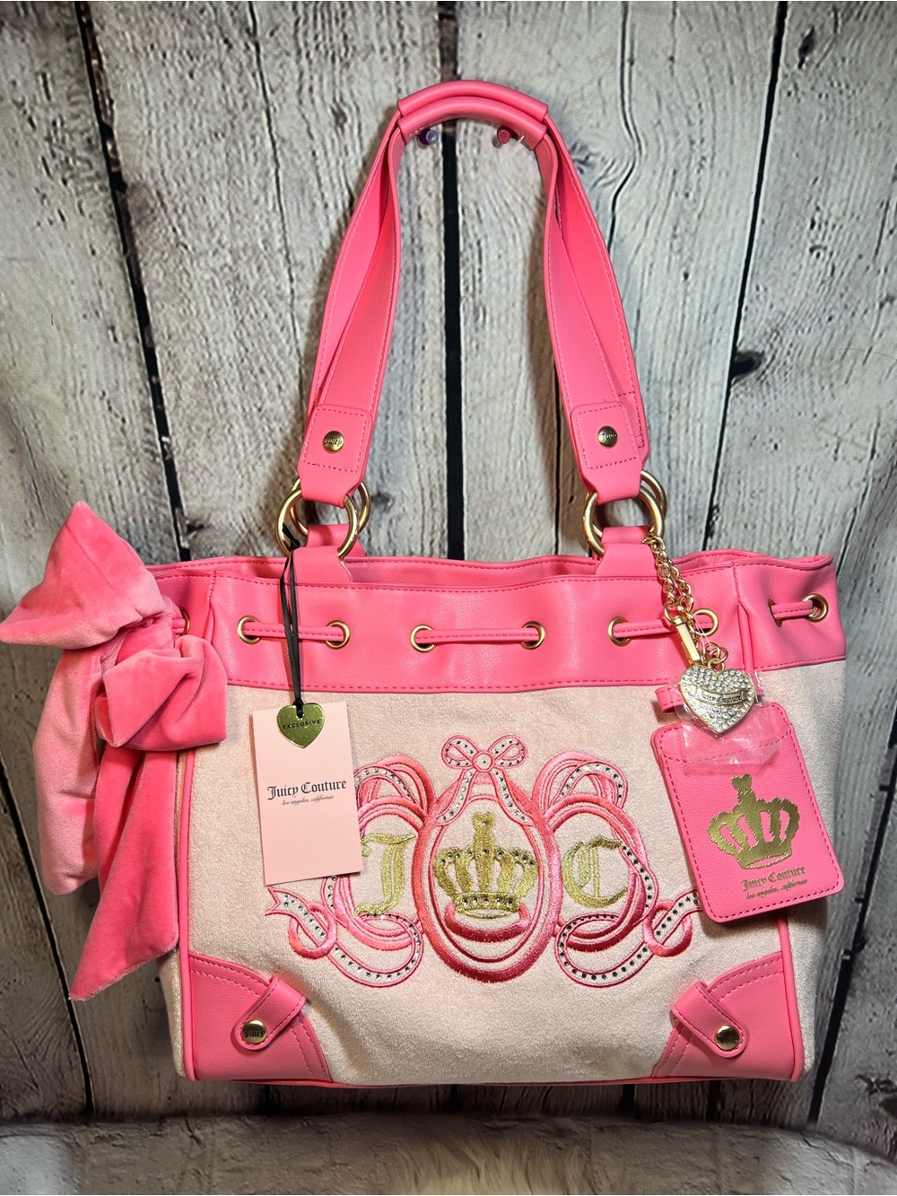 Juicy Couture Pink and Hot Pink Bow Tote with Embroidered Crest